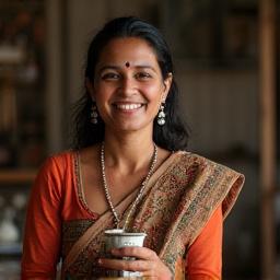 Portrait of a smiling artisan in their workshop, holding a handcrafted item.