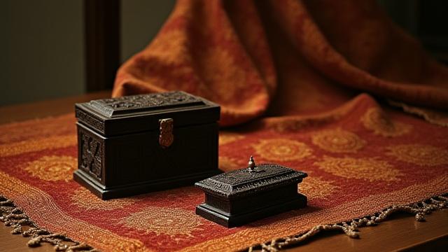 Woven textile with intricate pattern and carved wooden artefact