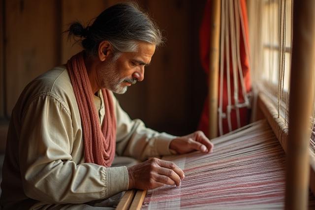 A skilled artisan in Rajasthan working diligently at a traditional handloom, weaving intricate patterns into fabric